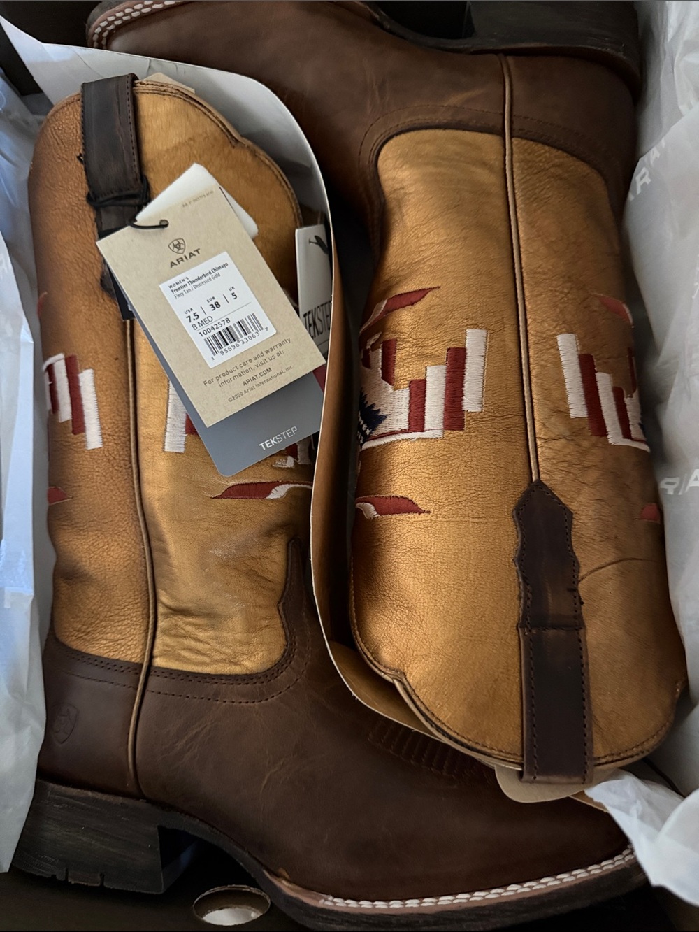 Ariat Gold/Brown Western Leather Boots size 7.5 frontier thunderbird chimayo